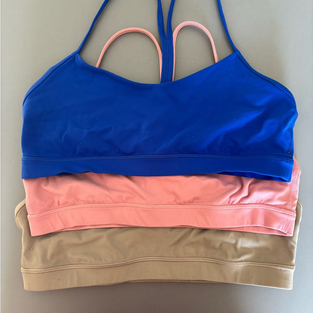 LULULEMON Flow Y Nulu Bra (Set of 3) in Cerulean Blue, Pink Tide, and Riverstone